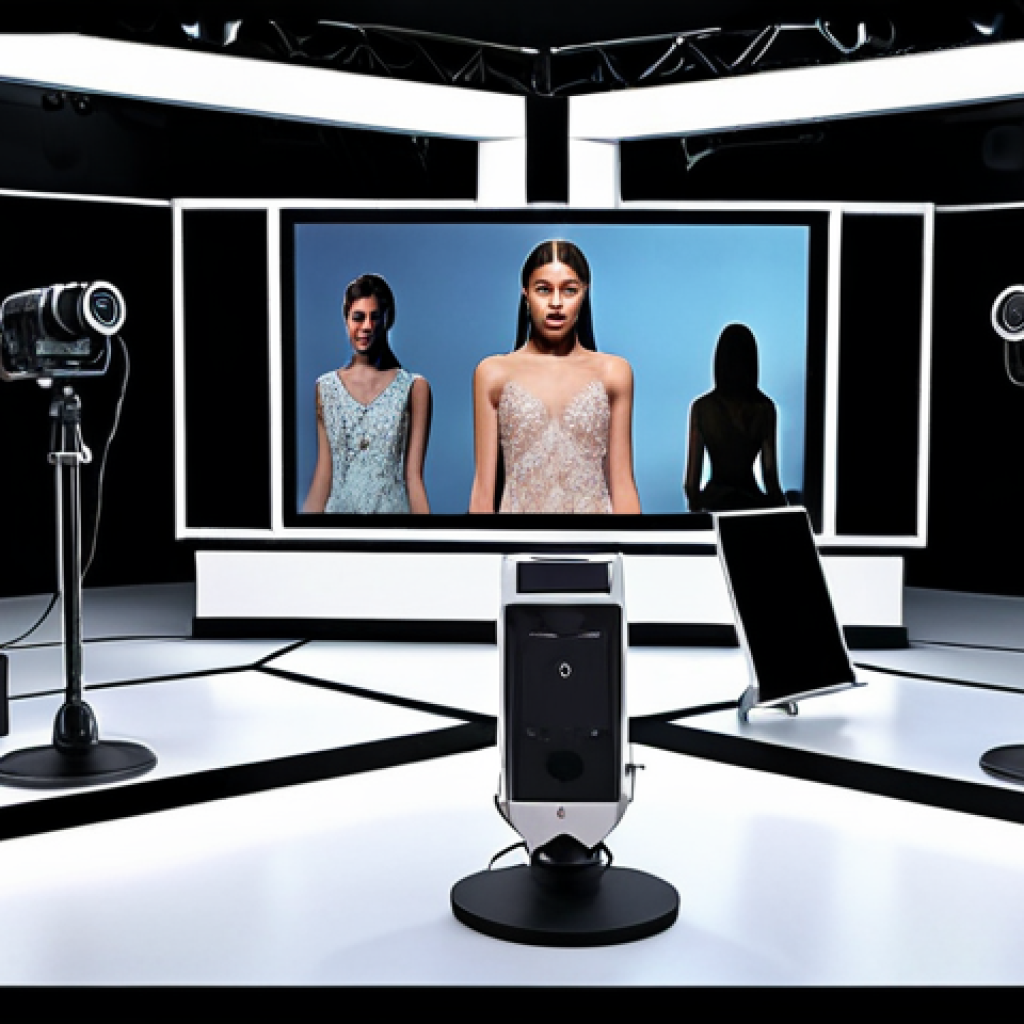 **A modern virtual fashion show streaming setup.** Focus on the technology: high-definition cameras, professional microphones, streaming software interface, and stable internet connection visualized. The scene should convey a behind-the-scenes look at a high-quality live stream production.