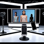 **A modern virtual fashion show streaming setup.** Focus on the technology: high-definition cameras, professional microphones, streaming software interface, and stable internet connection visualized. The scene should convey a behind-the-scenes look at a high-quality live stream production.