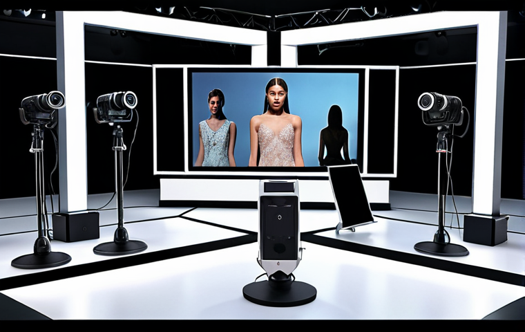**A modern virtual fashion show streaming setup.** Focus on the technology: high-definition cameras, professional microphones, streaming software interface, and stable internet connection visualized. The scene should convey a behind-the-scenes look at a high-quality live stream production.
