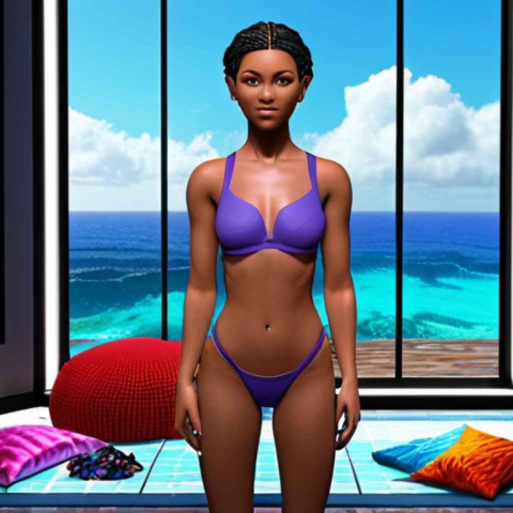 **Prompt:** A vibrant, personalized avatar in a digital fashion design studio with an ocean view, surrounded by 3D modeling software interfaces and fabric swatches, showcasing creativity and inspiration in a metaverse environment.