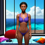 **Prompt:** A vibrant, personalized avatar in a digital fashion design studio with an ocean view, surrounded by 3D modeling software interfaces and fabric swatches, showcasing creativity and inspiration in a metaverse environment.
