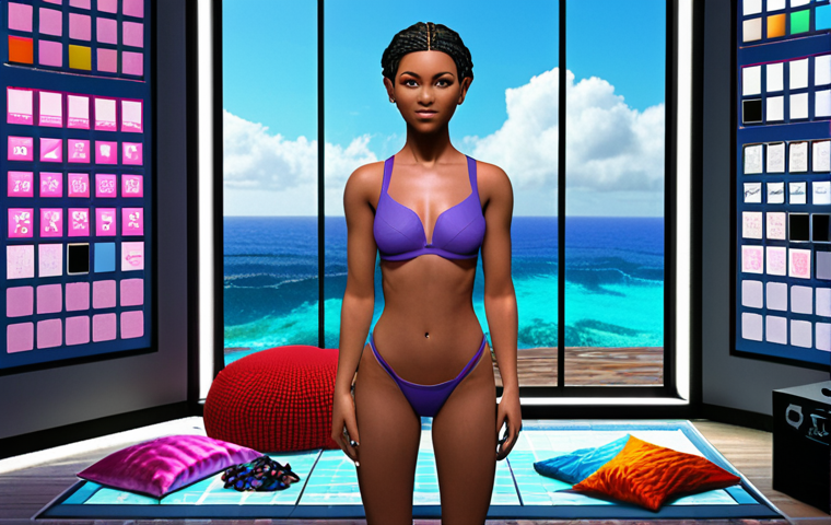 **Prompt:** A vibrant, personalized avatar in a digital fashion design studio with an ocean view, surrounded by 3D modeling software interfaces and fabric swatches, showcasing creativity and inspiration in a metaverse environment.