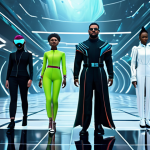A group of diverse digital avatars, fully clothed in avant-garde, futuristic fashion with dynamic, transforming textures and colors, walking on a virtual runway. The background shifts between elements of a sleek, futuristic city and an ethereal, glowing underwater landscape. The overall scene is a high-quality, professional representation of a Metaverse fashion show, emphasizing creative freedom and impossible scenography. The avatars have perfect anatomy, correct proportions, and natural poses with well-formed hands and proper finger count. safe for work, appropriate content, modest clothing, family-friendly.