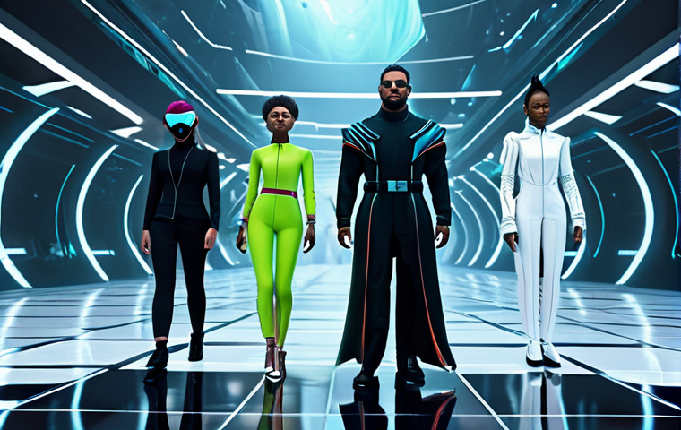 A group of diverse digital avatars, fully clothed in avant-garde, futuristic fashion with dynamic, transforming textures and colors, walking on a virtual runway. The background shifts between elements of a sleek, futuristic city and an ethereal, glowing underwater landscape. The overall scene is a high-quality, professional representation of a Metaverse fashion show, emphasizing creative freedom and impossible scenography. The avatars have perfect anatomy, correct proportions, and natural poses with well-formed hands and proper finger count. safe for work, appropriate content, modest clothing, family-friendly.