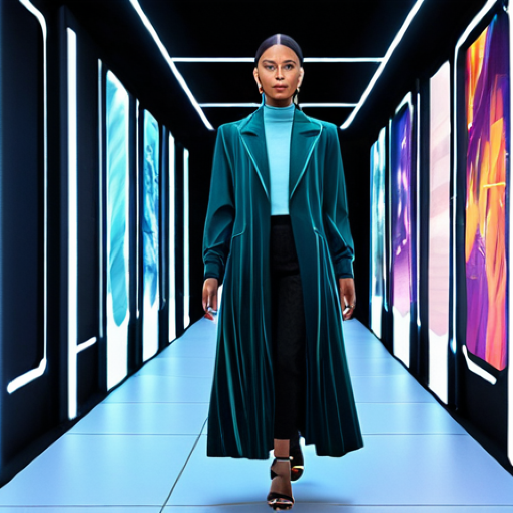 A diverse individual, fully clothed in modern, stylish yet modest attire, is immersed in a vibrant metaverse environment, attending a high-tech virtual fashion show. The background features a futuristic, ethereal runway where digital models present avant-garde designs. The user's avatar is subtly interacting with the scene, reflecting amazement and engagement. Professional digital art, high resolution, perfect anatomy, correct proportions, natural pose, well-formed hands, proper finger count, natural body proportions, safe for work, appropriate content, fully clothed, family-friendly.