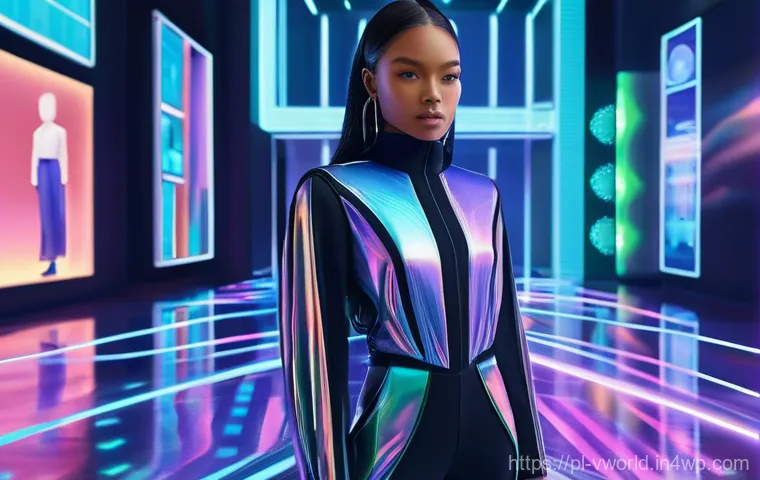 메타버스와 패션의 융합 가능성 - **Prompt: "A vibrant, futuristic metaverse scene. A stylish young woman with an expressive face, dre...