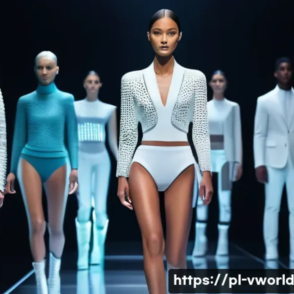메타버스 패션쇼의 기술 트렌드 - A highly detailed 3D fashion runway scene featuring realistic digital models wearing futuristic clot...