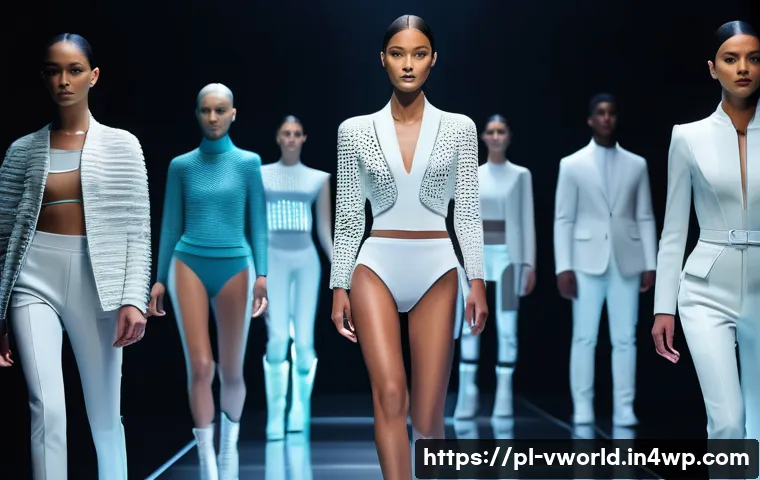 메타버스 패션쇼의 기술 트렌드 - A highly detailed 3D fashion runway scene featuring realistic digital models wearing futuristic clot...