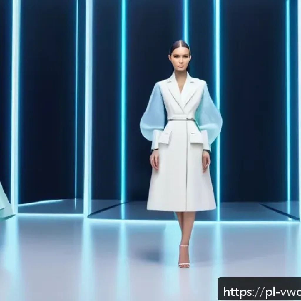 가상 현실 패션쇼의 장단점 - A futuristic virtual fashion show scene set in a sleek 3D digital environment, featuring diverse mod...