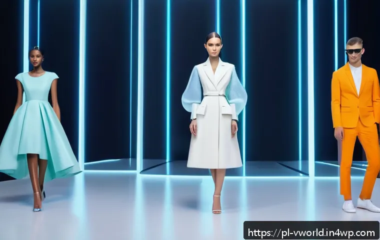 가상 현실 패션쇼의 장단점 - A futuristic virtual fashion show scene set in a sleek 3D digital environment, featuring diverse mod...