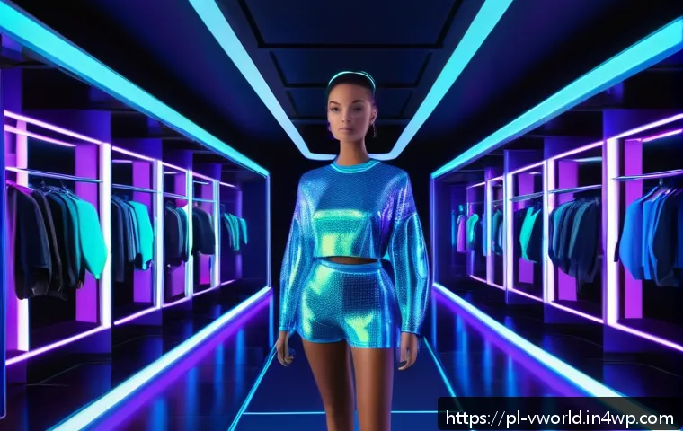 메타버스에서의 패션 트렌드 예측 - A futuristic digital avatar customization scene set in a sleek, high-tech virtual studio filled with...