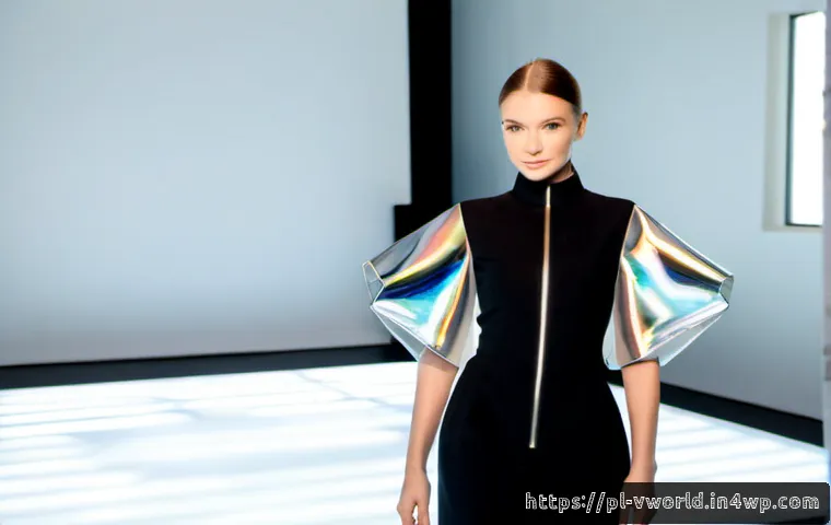 Home 17 가상 패션쇼에서의 제품 혁신 - Photorealistic virtual fashion show in a sleek Warsaw-inspired design studio, a stylish female prese...